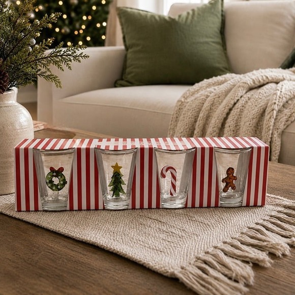 Homegoods Other - Set of 4 Christmas Holiday Icon Shot Glasses Festive 3D Glass Figurine Barware